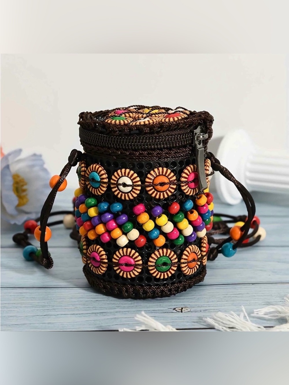 Handmade Beaded Mini Cylinder Crossbody Bag- Multicolor